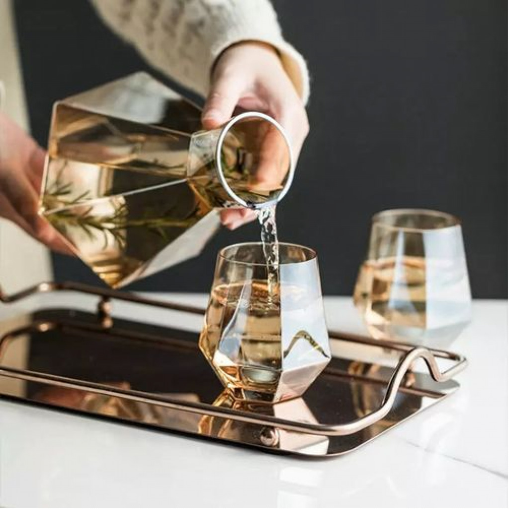 4 Water Glasses,1Jug With Wooden Stopper And A Tray, Brown