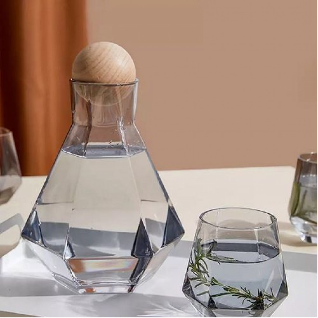 4 Water Glasses,1Jug With Wooden Stopper And A Tray, Colourless