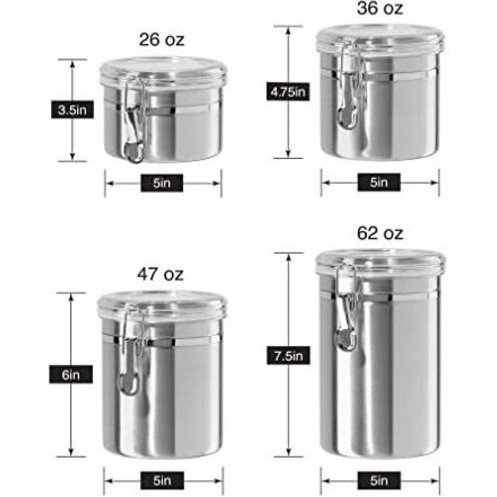 4-Piece Stainless Steel Canister Storage Tins With Acrylic Lid, Silver