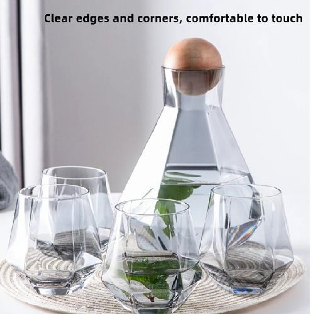 4 Water Glasses,1Jug With Wooden Stopper And A Tray, Colourless
