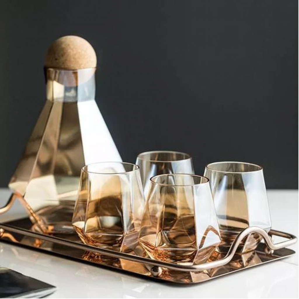 4 Water Glasses,1Jug With Wooden Stopper And A Tray, Brown