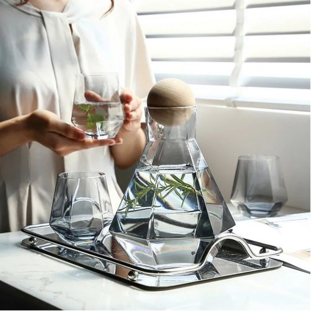 4 Water Glasses,1Jug With Wooden Stopper And A Tray, Colourless