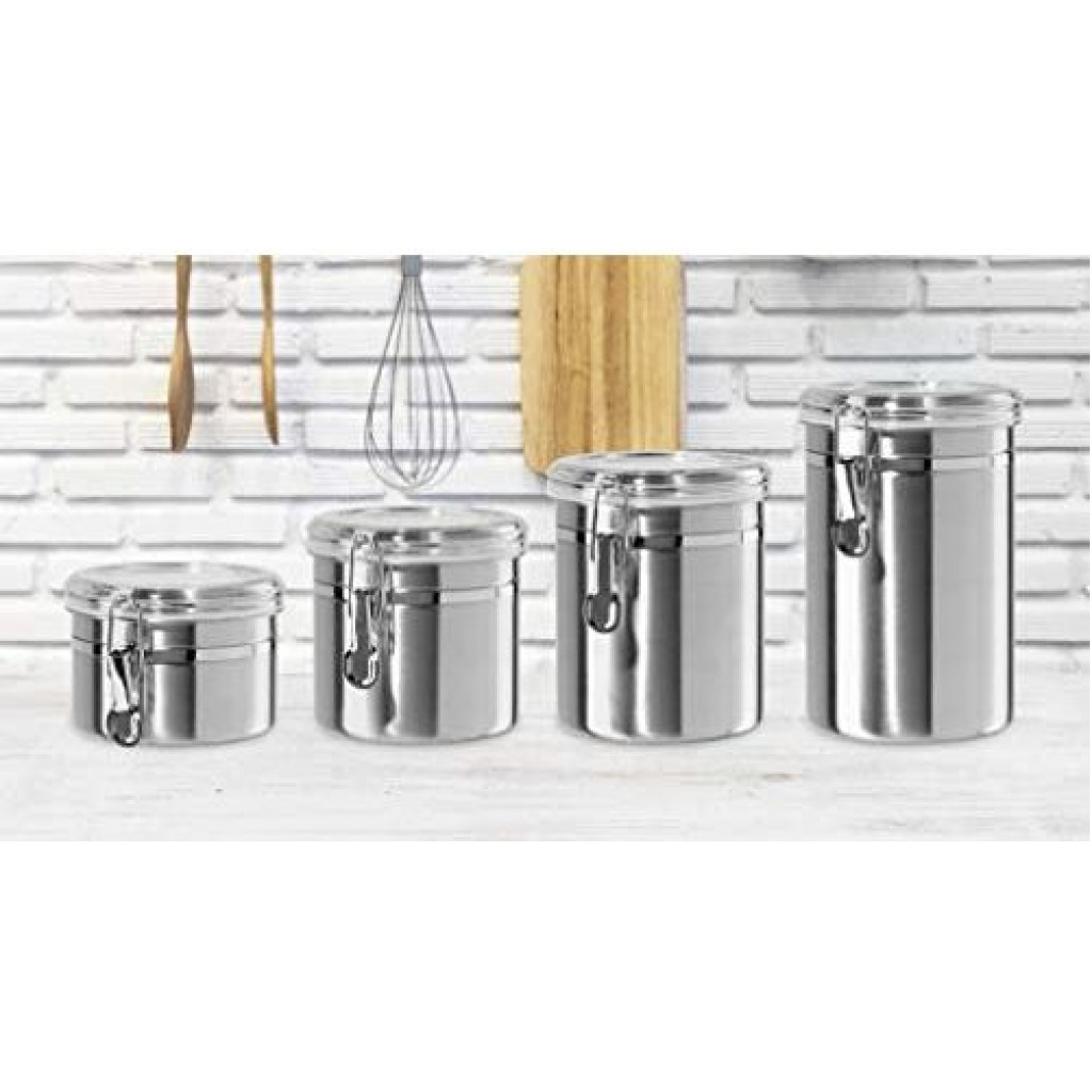 4-Piece Stainless Steel Canister Storage Tins With Acrylic Lid, Silver