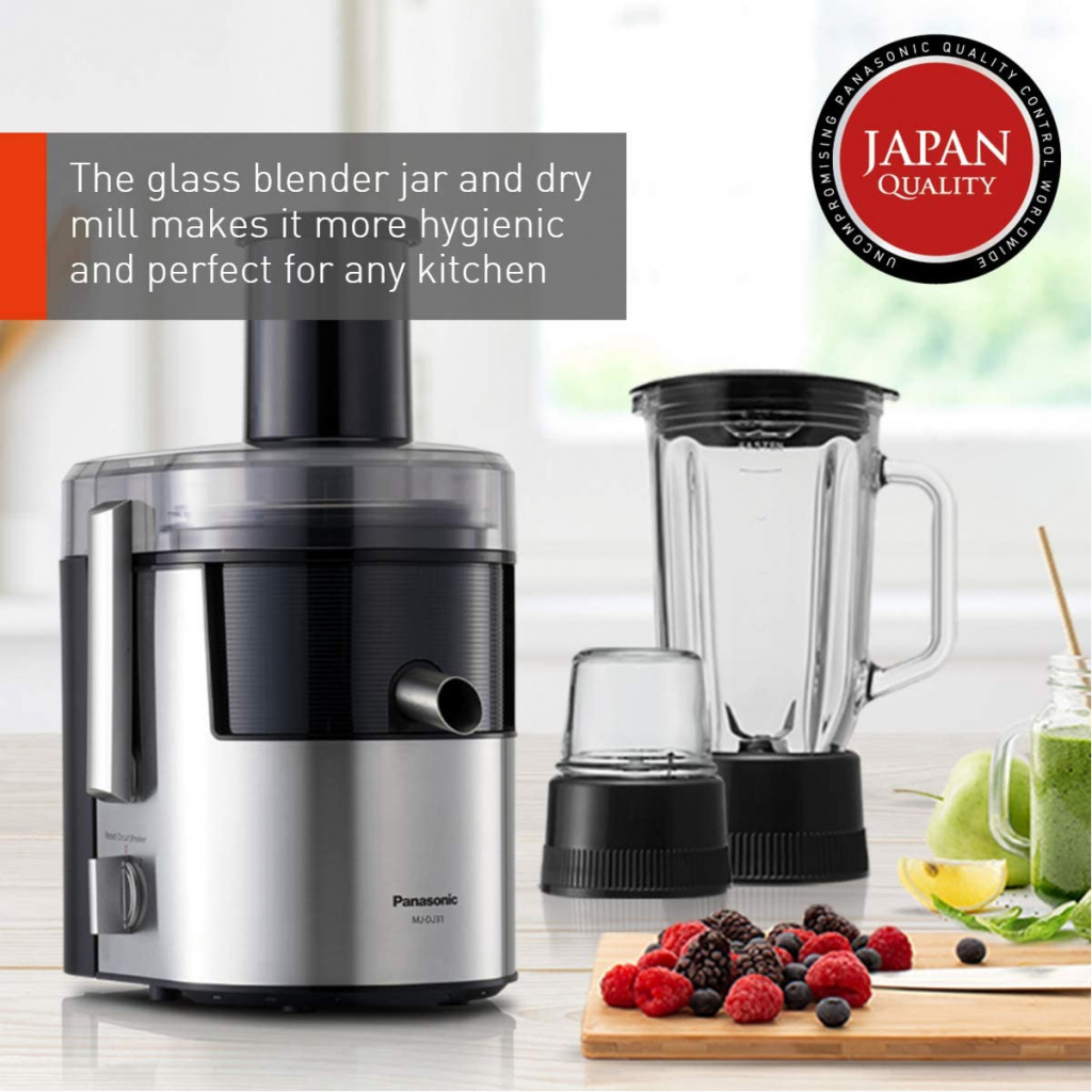 Panasonic 800W, Juicer With Full Metal Spinner, Glass Blender Jug And Mill (Model MJDJ31) - Black