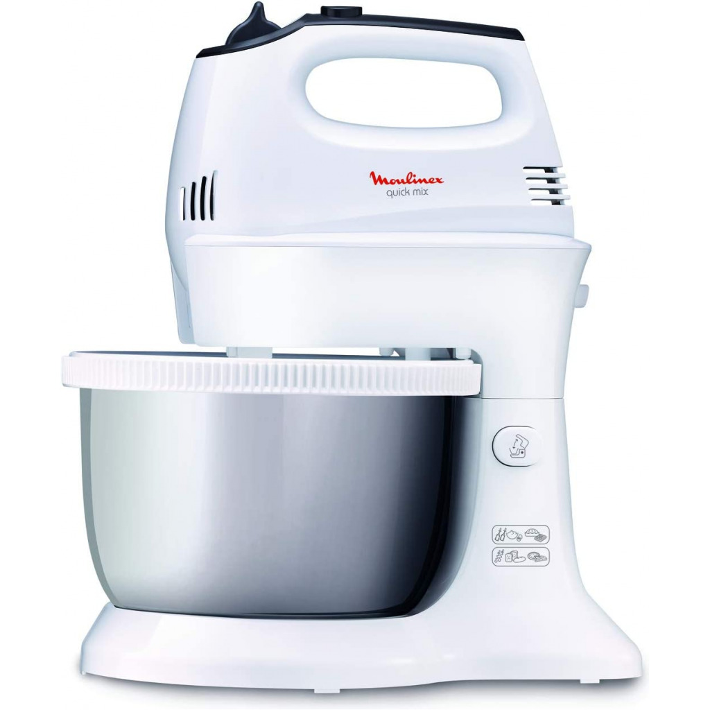 Moulinex Quick Mix Hand Mixer With Stainless Steel Stand Bowl, 300 Watts, White, Plastic, Hm312127