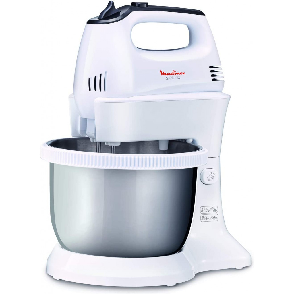 Moulinex Quick Mix Hand Mixer With Stainless Steel Stand Bowl, 300 Watts, White, Plastic, Hm312127