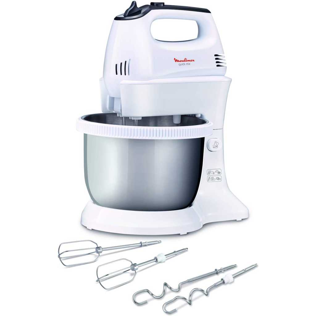 Moulinex Quick Mix Hand Mixer With Stainless Steel Stand Bowl, 300 Watts, White, Plastic, Hm312127