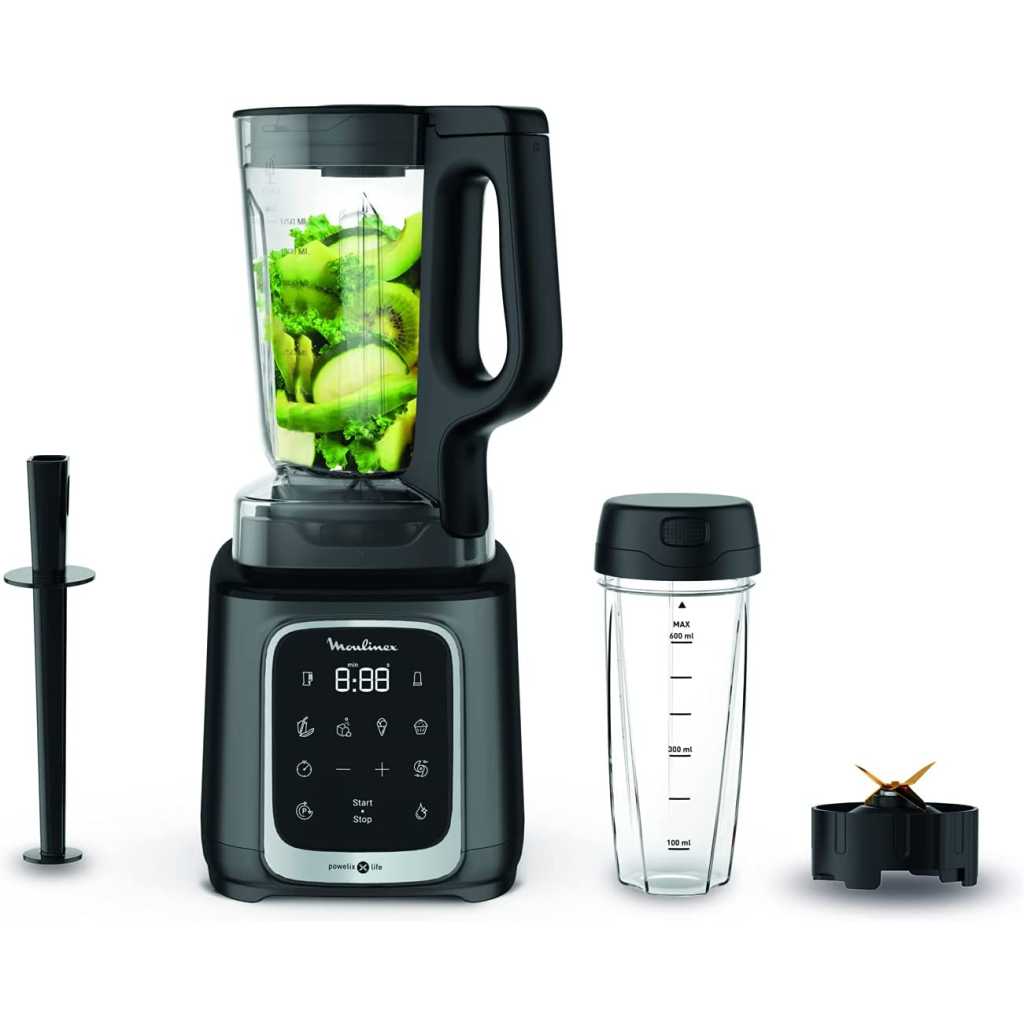 Moulinex Infinymix+ 1.7 Litre High Speed Blender With 600 ml Travel Cup, Powelix Life Pro Blades, 5 Auto Programs, 1600 Watts, Tritan Jar, Black, Lm91Hd27