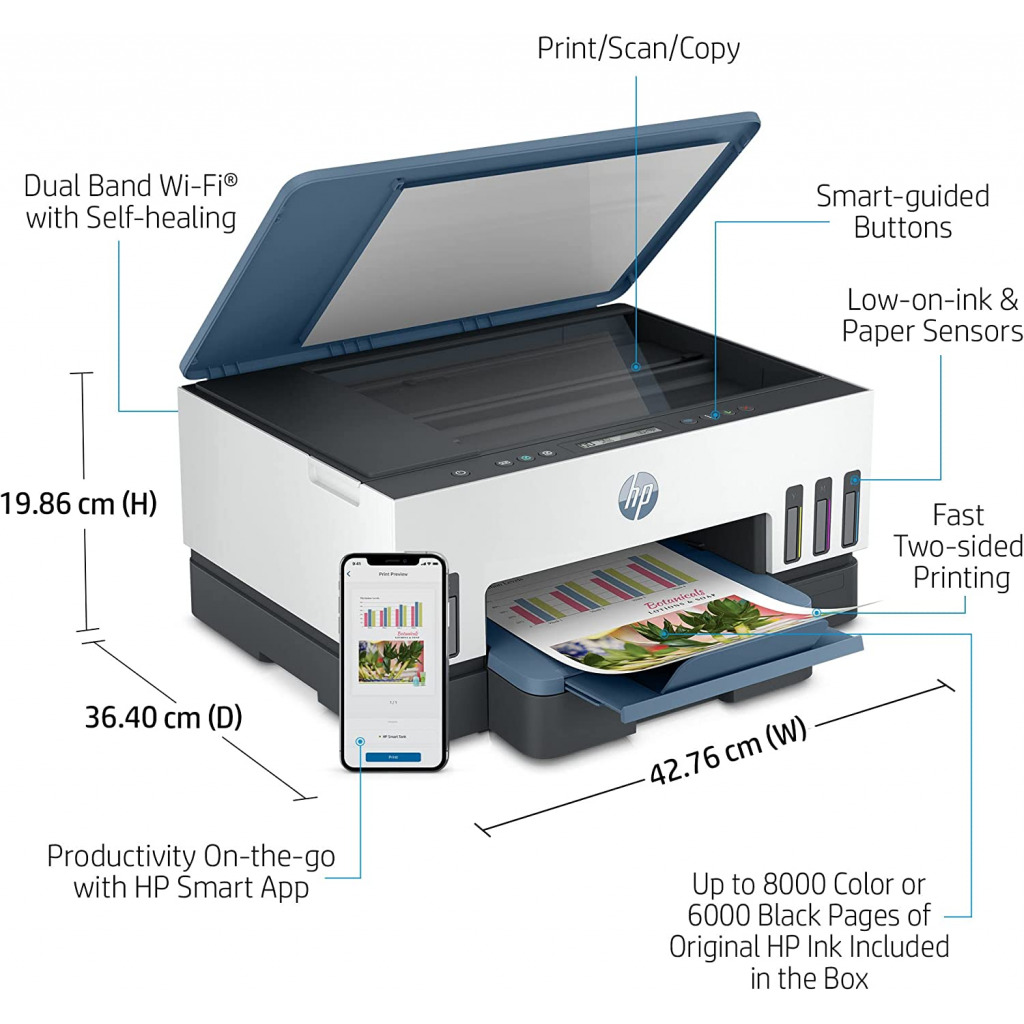 HP Smart Tank 725 All-in-One Printer wireless, Print, Scan, Copy, Auto Duplex Printing, Print up to 18000 black or 8000 color pages, White/Blue [28B51A]