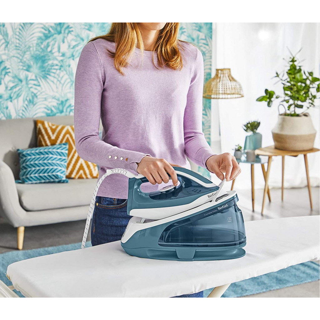 Tefal Express Easy Steam Station, 1.7 Liters, Lock system Steam Generator Iron , Ceramic Xpres Glide, SV6131G0 - Blue/White