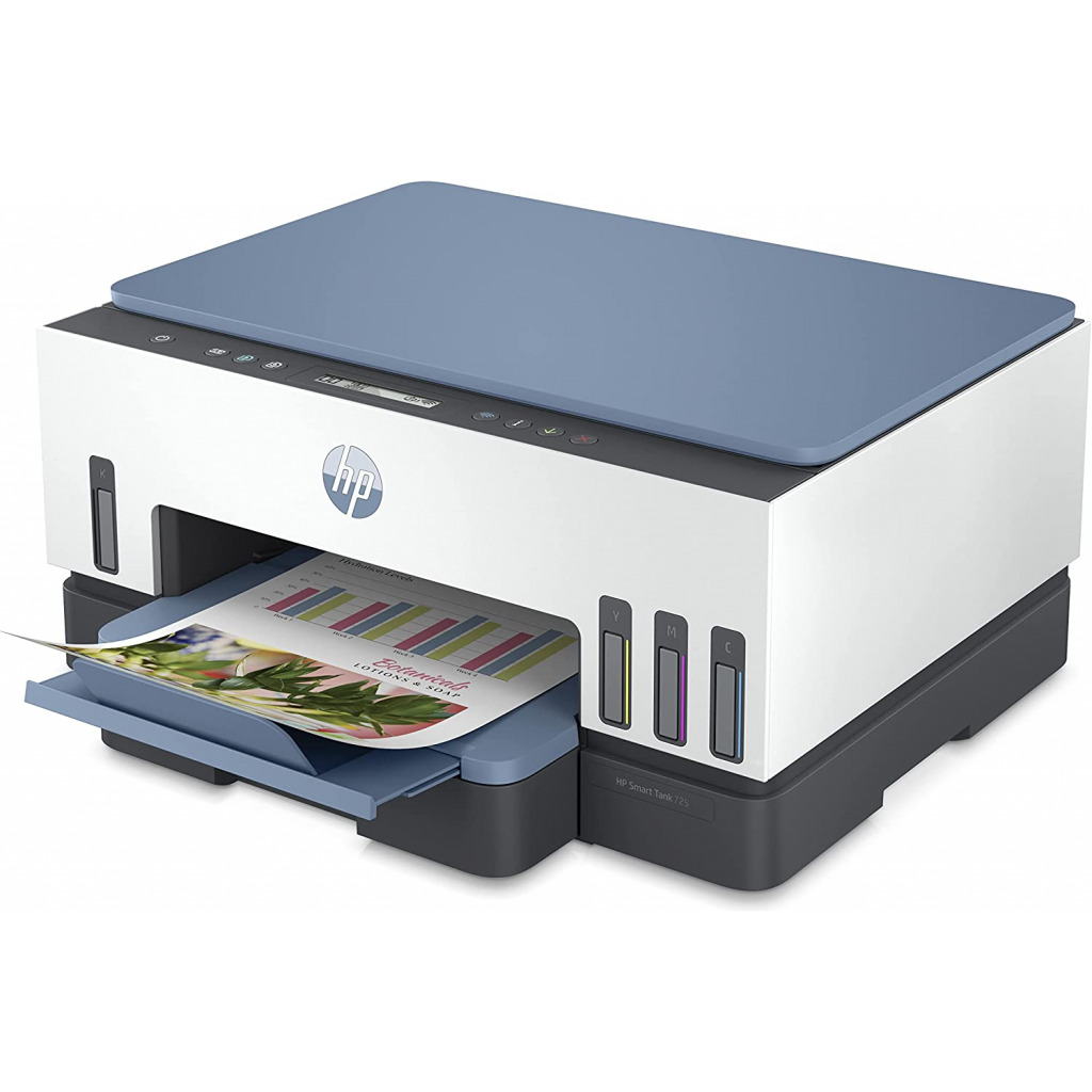 HP Smart Tank 725 All-in-One Printer wireless, Print, Scan, Copy, Auto Duplex Printing, Print up to 18000 black or 8000 color pages, White/Blue [28B51A]