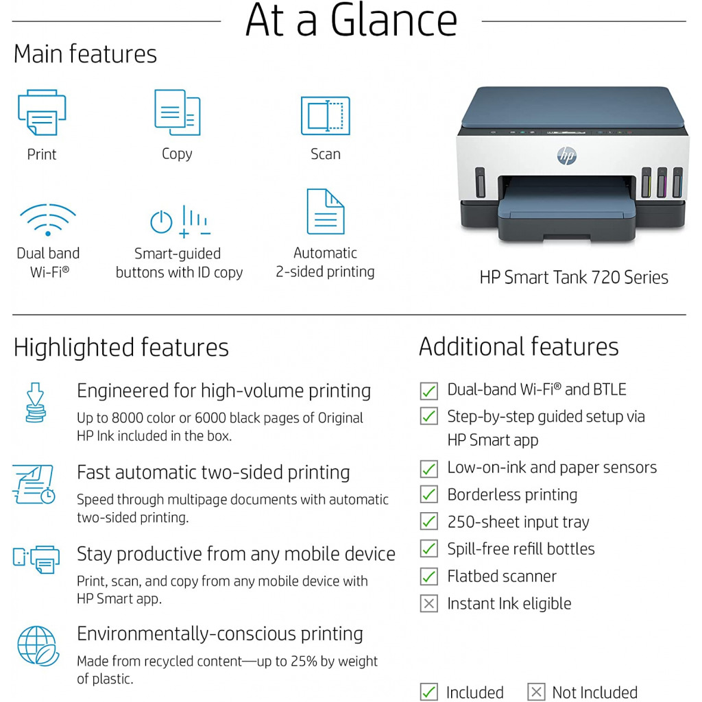 HP Smart Tank 725 All-in-One Printer wireless, Print, Scan, Copy, Auto Duplex Printing, Print up to 18000 black or 8000 color pages, White/Blue [28B51A]