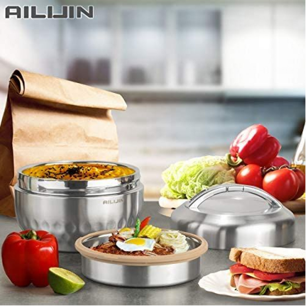 AILIJIN Vacuum Insulated Thermo Food Flask,Lunch Box, Warmer, 1.3 Litre - Silver