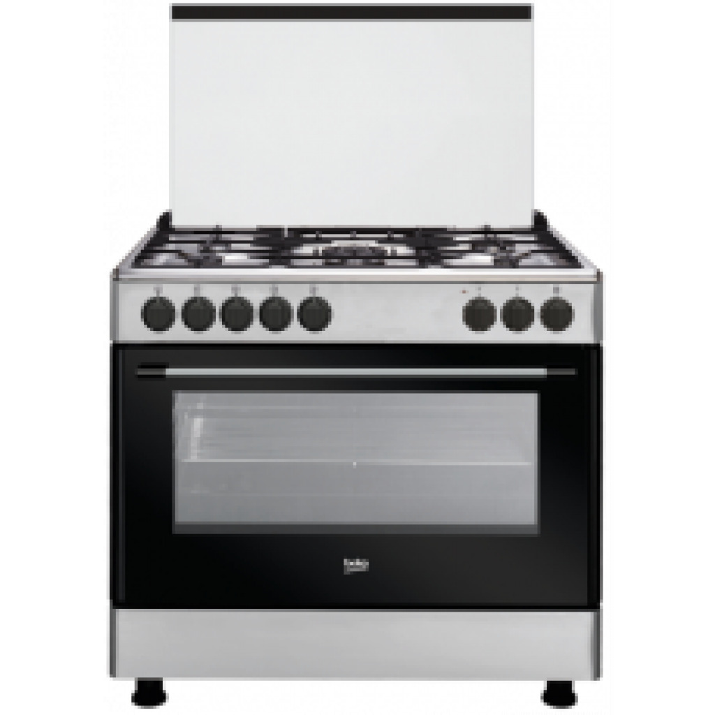Beko GE 15120 DX: Freestanding Cooker 90x60cm (Fan-assisted, 90cm) With 4 Gas + 1 Wok Gas Burners, 120 - Litres Multifunction Fan Heating Electric Oven With Gas Failure Protection - Stainless Steel