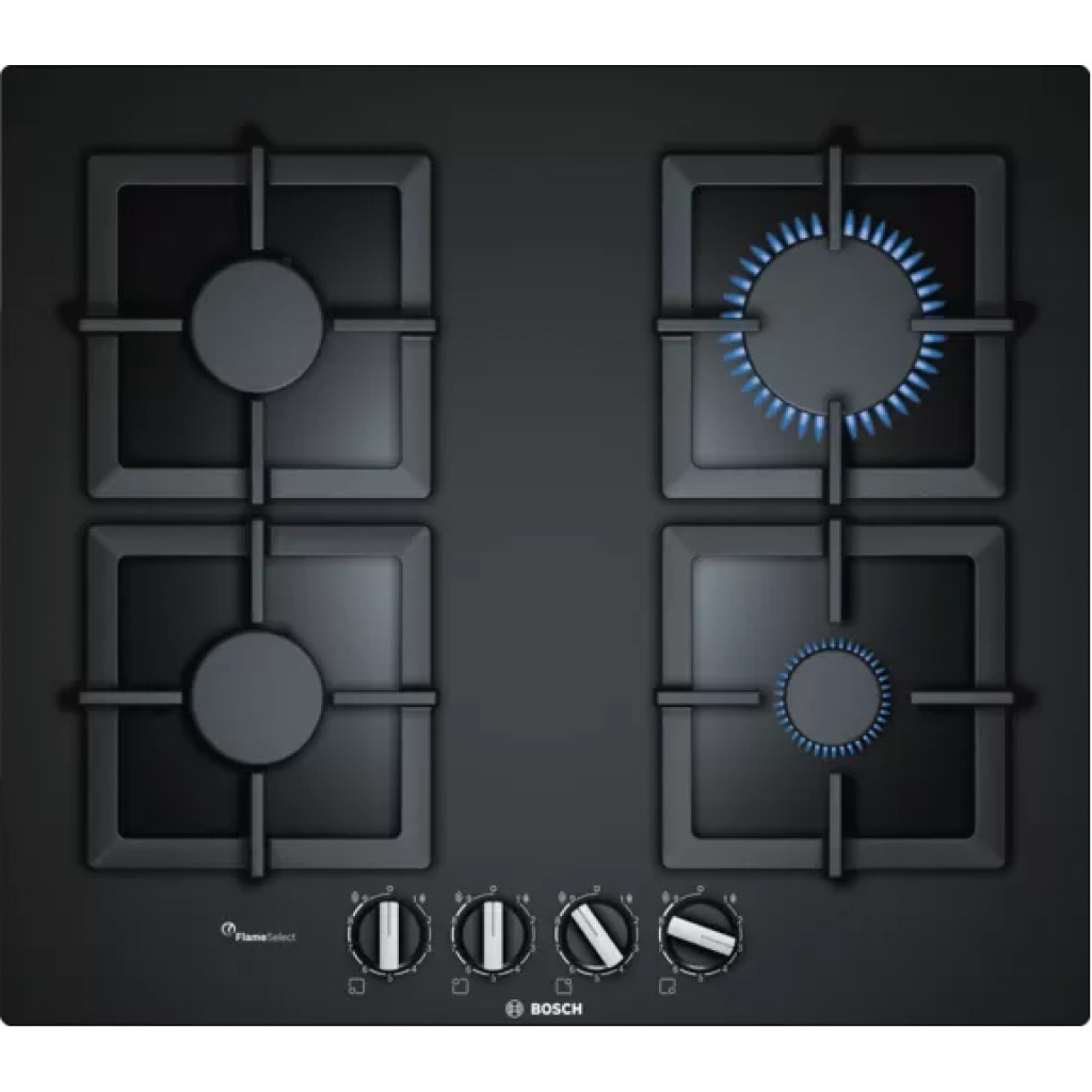 Bosch Serie 6 Gas Hob 60 cm Tempered Glass PPP6A6B20, Black (4 Cooking Areas)