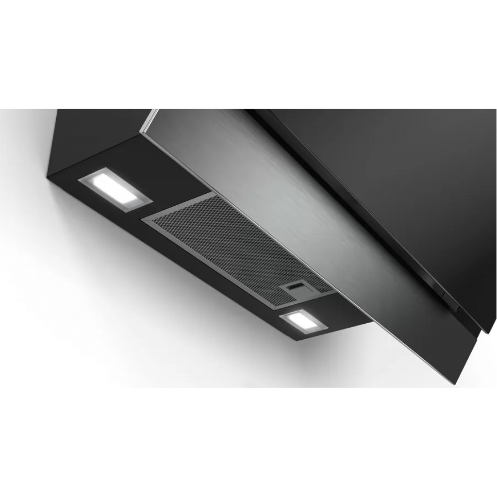 Bosch Serie 4 Wall-mounted Touch Control Angled Cooker Hood 60cm DWK67HM60B Clear Glass Black Printed