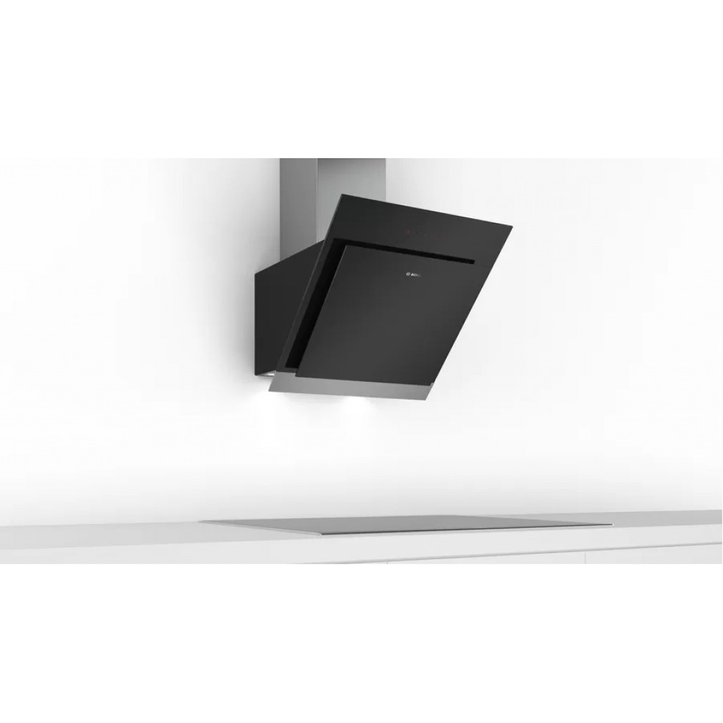 Bosch Serie 4 Wall-mounted Touch Control Angled Cooker Hood 60cm DWK67HM60B Clear Glass Black Printed