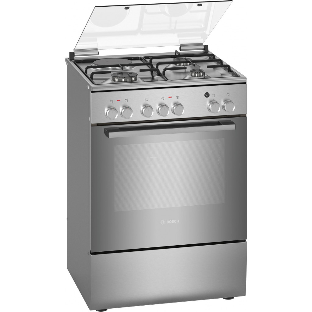 Bosch Cooker 60x60cm 3 Gas Burners + 1 Electric Plate HXA158F50S, Electric Oven & Grill, Rotisserie, Auto Ignition - Stainless Steel