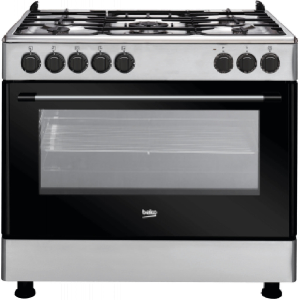 Beko GE 15120 DX: Freestanding Cooker 90x60cm (Fan-assisted, 90cm) With 4 Gas + 1 Wok Gas Burners, 120 - Litres Multifunction Fan Heating Electric Oven With Gas Failure Protection - Stainless Steel