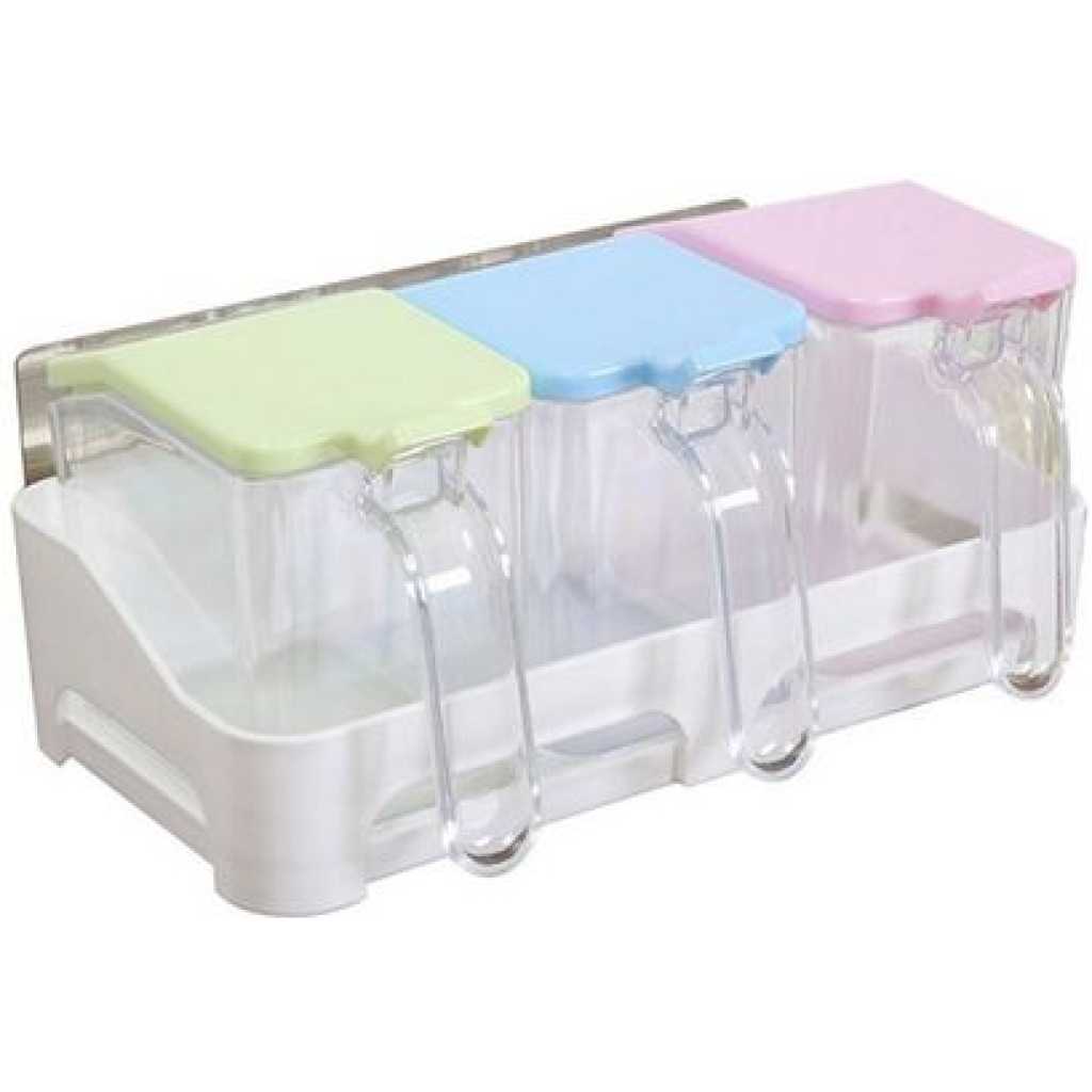 3 Piece Wall-Mounted Plastic Sugar/Spice Storage Organizer Jars, Colourless