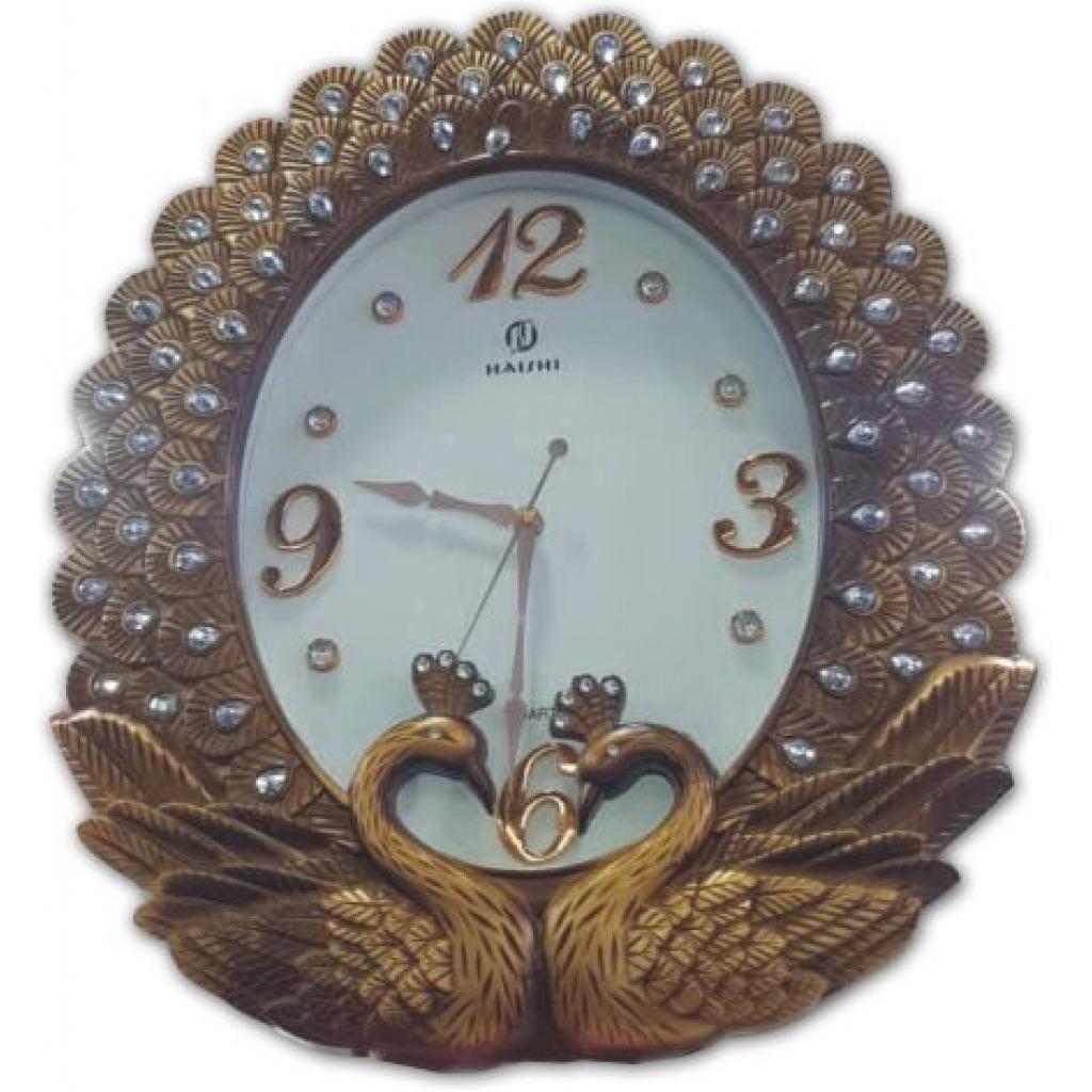 Silent Non Ticking Peacock Stylish Wall Clock - Gold