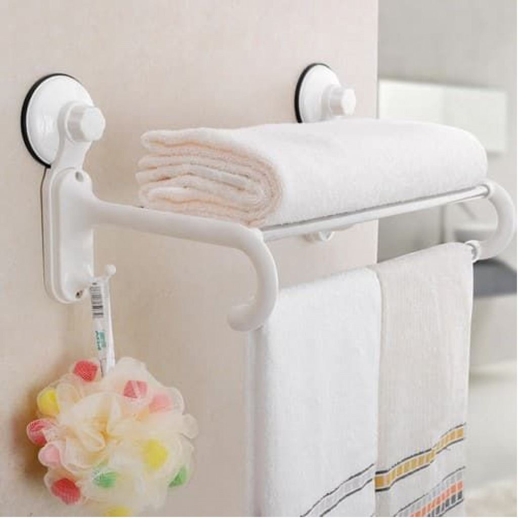 Kitchen And Bathroom Towel Rack With Magic Suction Cup and 5 Crossbars - White