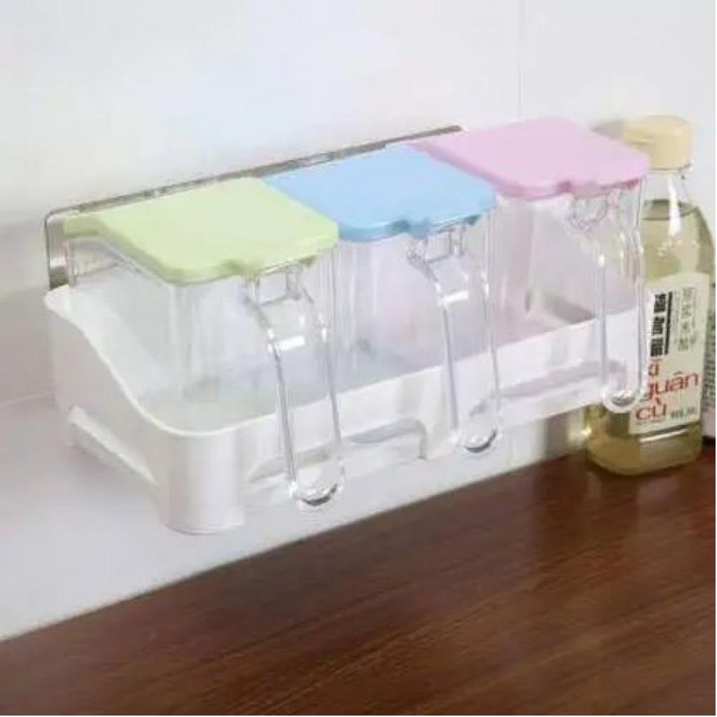 3 Piece Wall-Mounted Plastic Sugar/Spice Storage Organizer Jars, Colourless