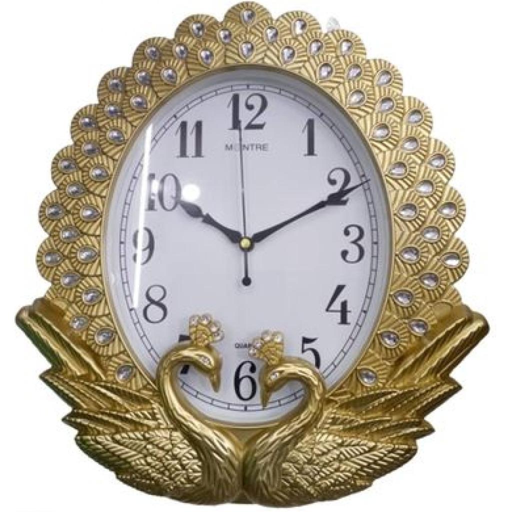 Silent Non Ticking Peacock Stylish Wall Clock - Gold