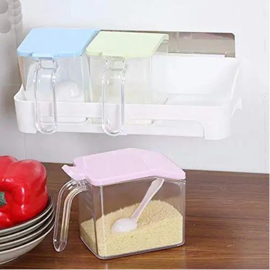 3 Piece Wall-Mounted Plastic Sugar/Spice Storage Organizer Jars, Colourless