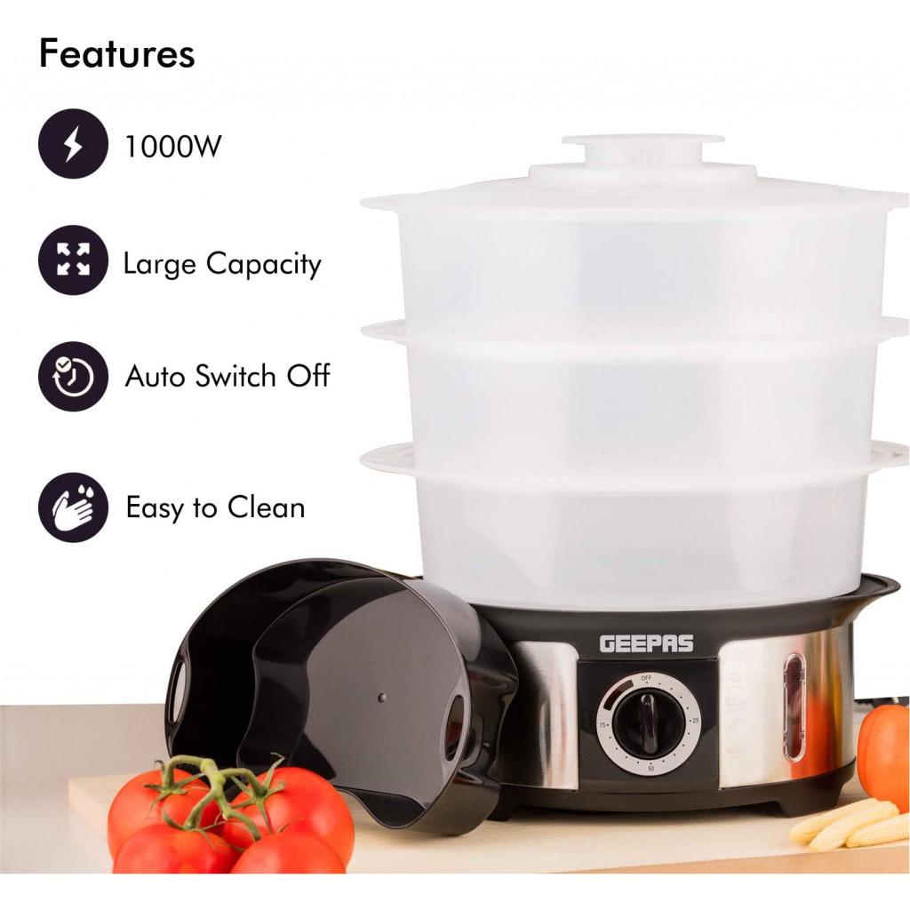 Geepas 3-Tier Food Steamer, 12L Capacity | Electric Vegetable Steamer with BPA Free Removable Baskets for Healthy Steam Cooking | 75 Minutes Timer & 1000W Power | Stainless Steel Housing GFS63025