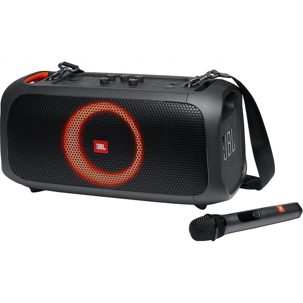 JBL PartyBox On-The-Go Portable Karaoke Party Speaker with Wireless Microphone, 100W Power Output, IPX4 Splashproof, 6 Playtime Hours, Shoulder Strap and Wireless 2 Party Speakers Pairing (Black)