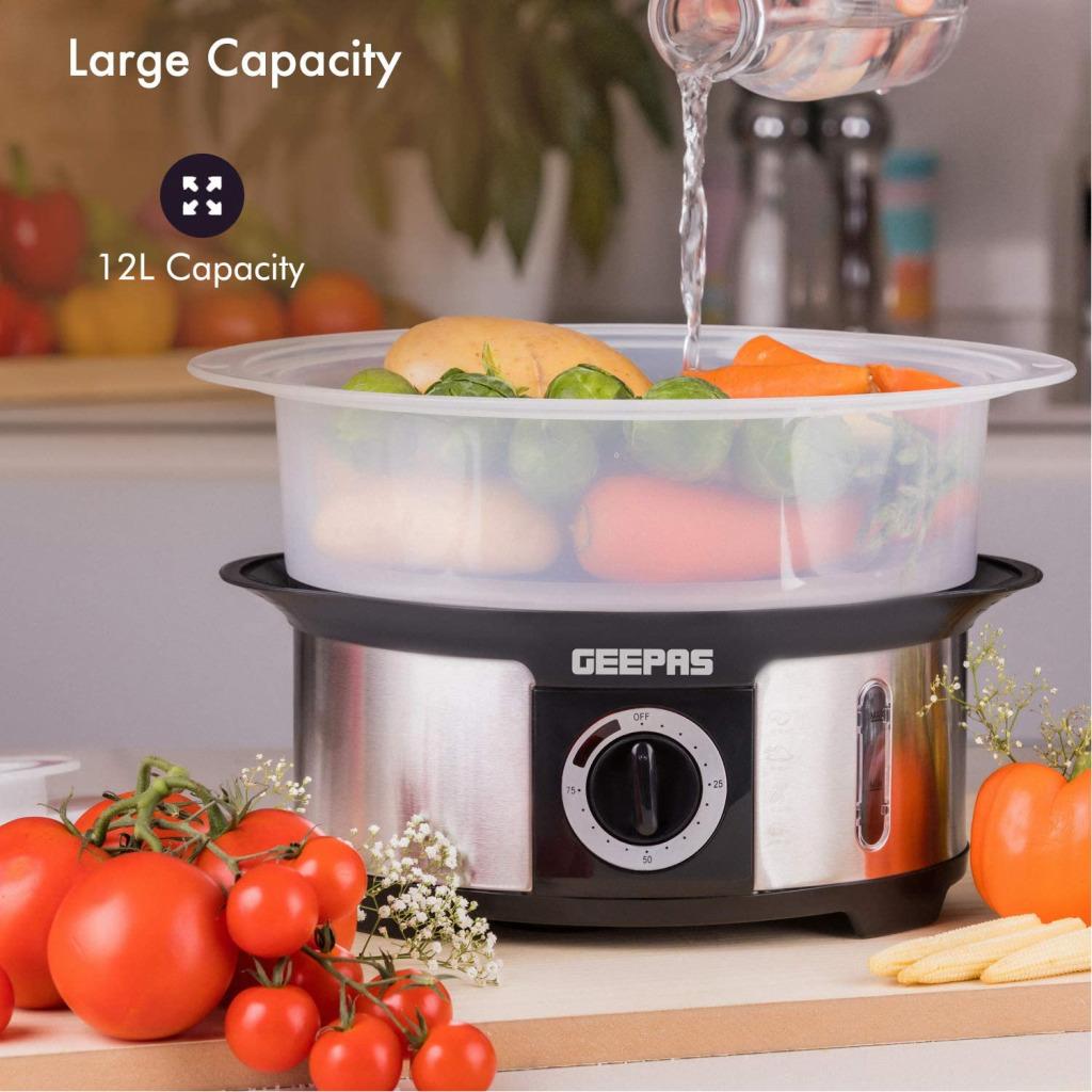 Geepas 3-Tier Food Steamer, 12L Capacity | Electric Vegetable Steamer with BPA Free Removable Baskets for Healthy Steam Cooking | 75 Minutes Timer & 1000W Power | Stainless Steel Housing GFS63025