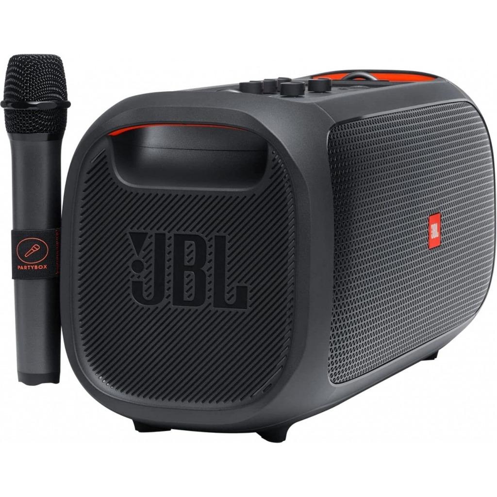 JBL PartyBox On-The-Go Portable Karaoke Party Speaker with Wireless Microphone, 100W Power Output, IPX4 Splashproof, 6 Playtime Hours, Shoulder Strap and Wireless 2 Party Speakers Pairing (Black)