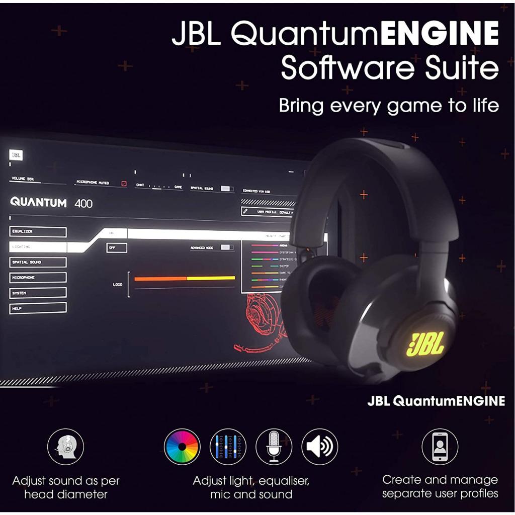 JBL Quantum 400 Gaming Headphones, Wired Over Ear Gaming Headphones with Flip-up Boom Mic, JBL Quantum Surround Sound, 3.5mm to USB Type-A Adapter - Black