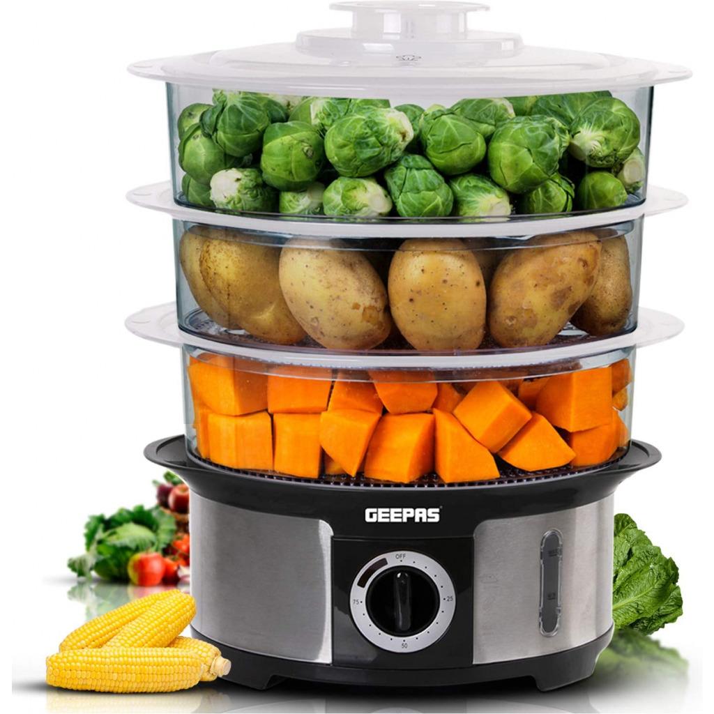 Geepas 3-Tier Food Steamer, 12L Capacity | Electric Vegetable Steamer with BPA Free Removable Baskets for Healthy Steam Cooking | 75 Minutes Timer & 1000W Power | Stainless Steel Housing GFS63025