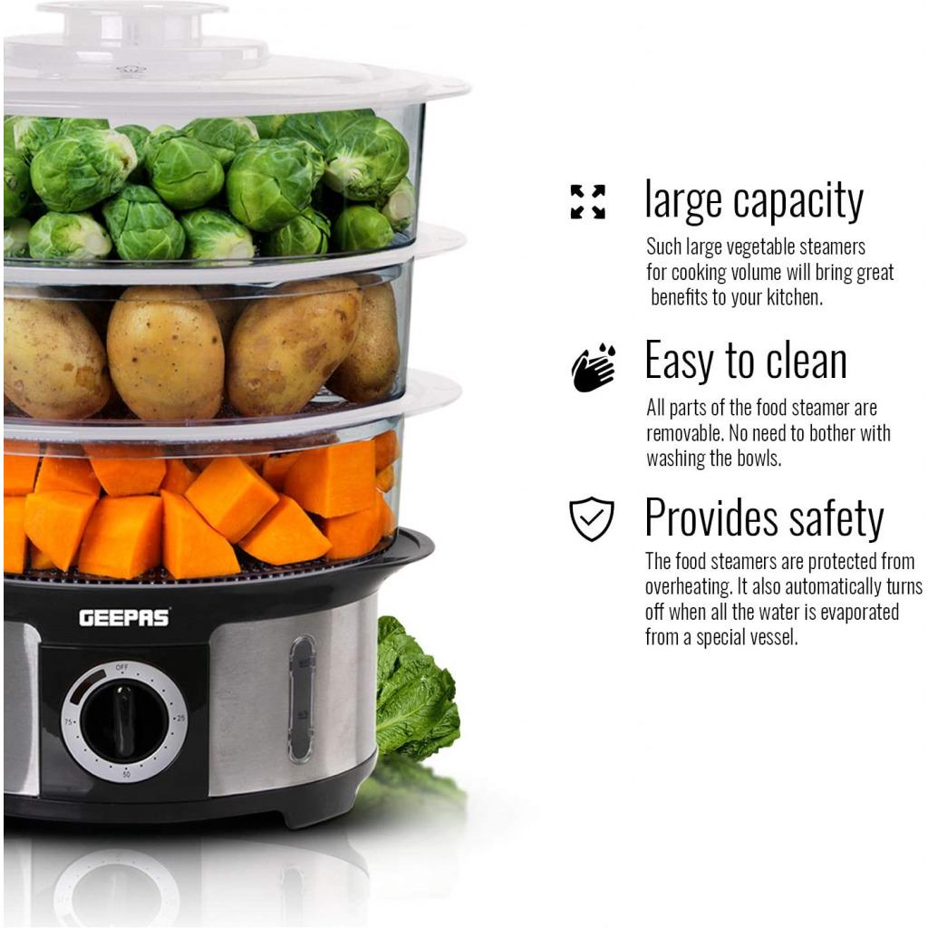 Geepas 3-Tier Food Steamer, 12L Capacity | Electric Vegetable Steamer with BPA Free Removable Baskets for Healthy Steam Cooking | 75 Minutes Timer & 1000W Power | Stainless Steel Housing GFS63025