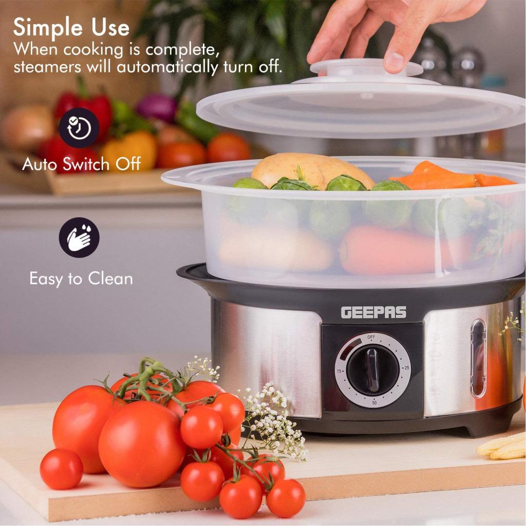 Geepas 3-Tier Food Steamer, 12L Capacity | Electric Vegetable Steamer with BPA Free Removable Baskets for Healthy Steam Cooking | 75 Minutes Timer & 1000W Power | Stainless Steel Housing GFS63025