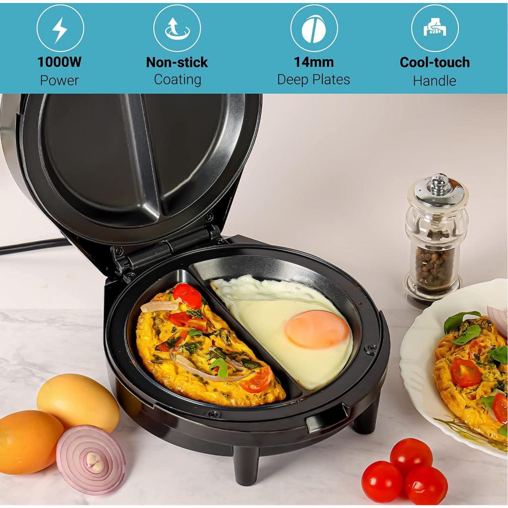 Geepas 1000W Omelette Maker | Dual Electric Non-Stick Egg Cooker | Automatic Temperature Control & Power Light Multi Cooker for Omelettes, Fried, Poached & Scrambled Eggs | Cool Touch, 2 Year Warranty - GOM36535