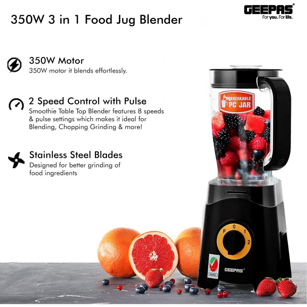 Geepas GSB44033 3 in 1 Blender, Unbreakable Jar Smoothie Blender - Black