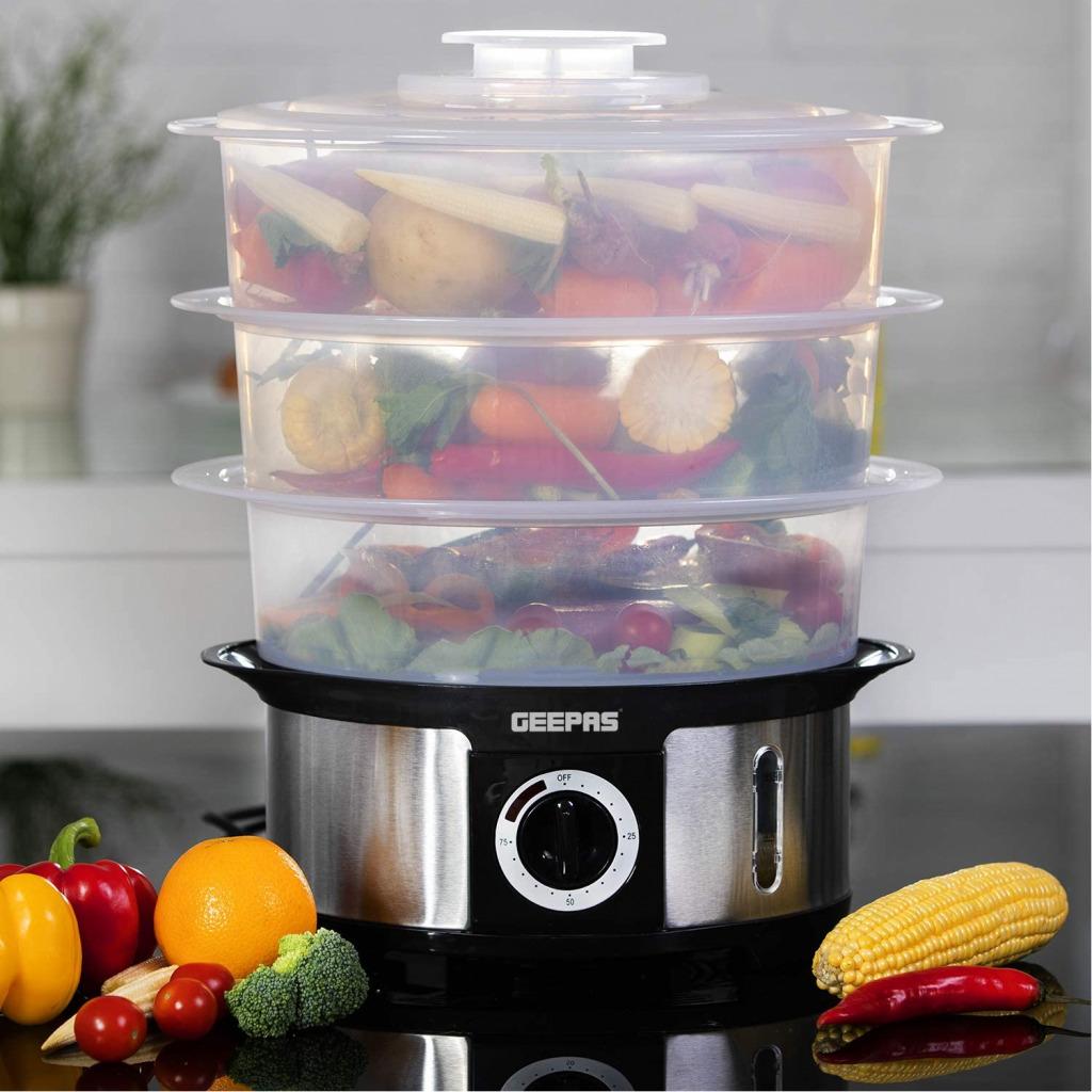 Geepas 3-Tier Food Steamer, 12L Capacity | Electric Vegetable Steamer with BPA Free Removable Baskets for Healthy Steam Cooking | 75 Minutes Timer & 1000W Power | Stainless Steel Housing GFS63025
