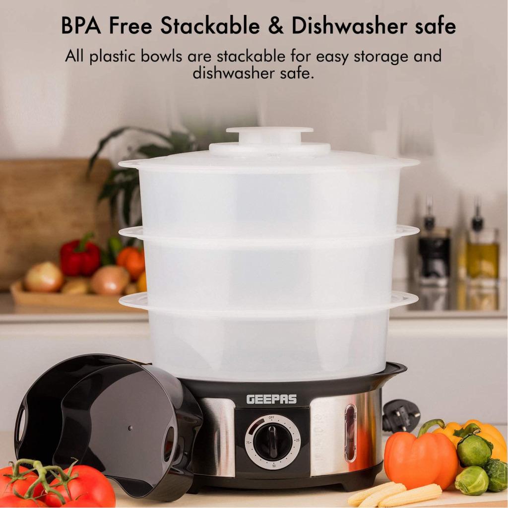 Geepas 3-Tier Food Steamer, 12L Capacity | Electric Vegetable Steamer with BPA Free Removable Baskets for Healthy Steam Cooking | 75 Minutes Timer & 1000W Power | Stainless Steel Housing GFS63025