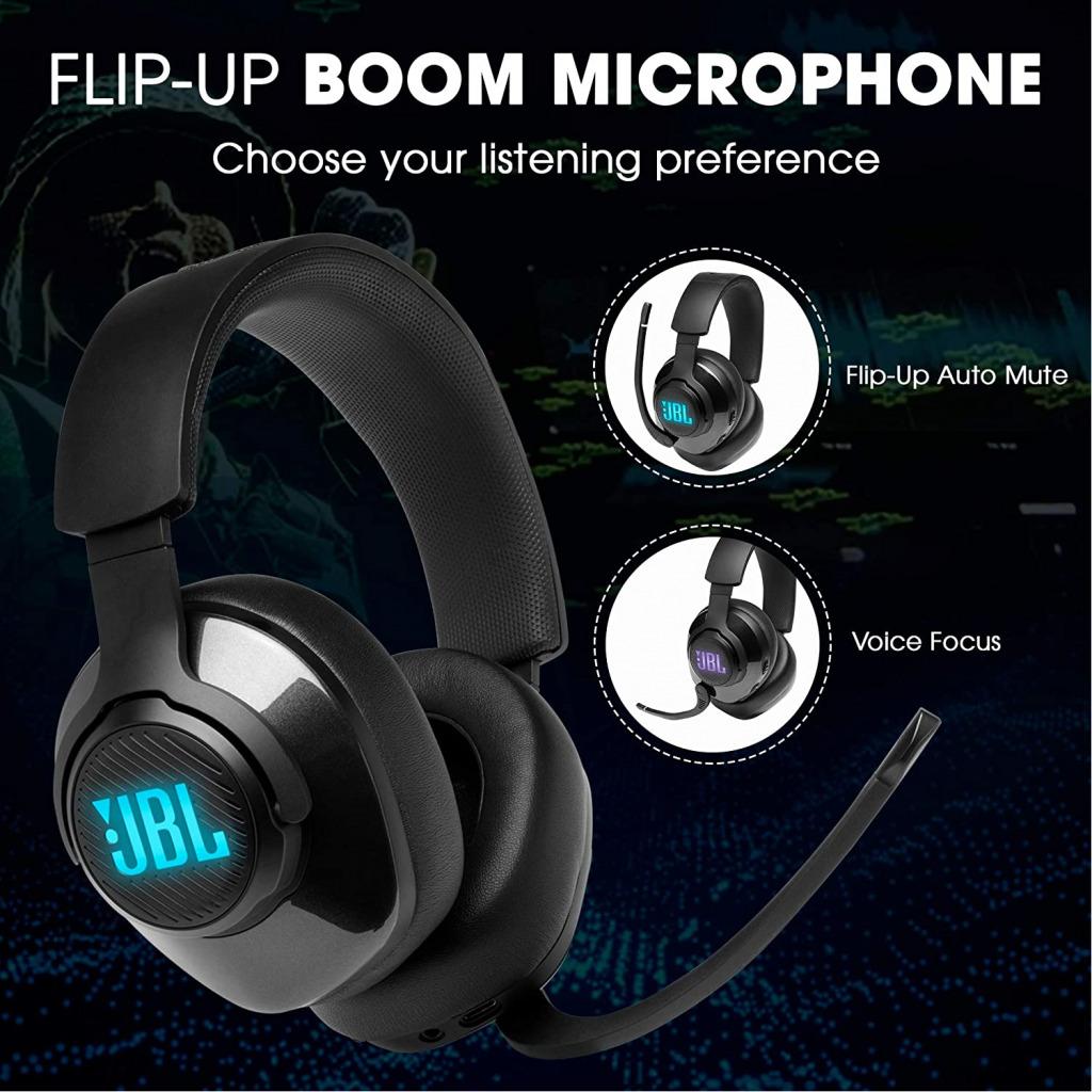 JBL Quantum 400 Gaming Headphones, Wired Over Ear Gaming Headphones with Flip-up Boom Mic, JBL Quantum Surround Sound, 3.5mm to USB Type-A Adapter - Black