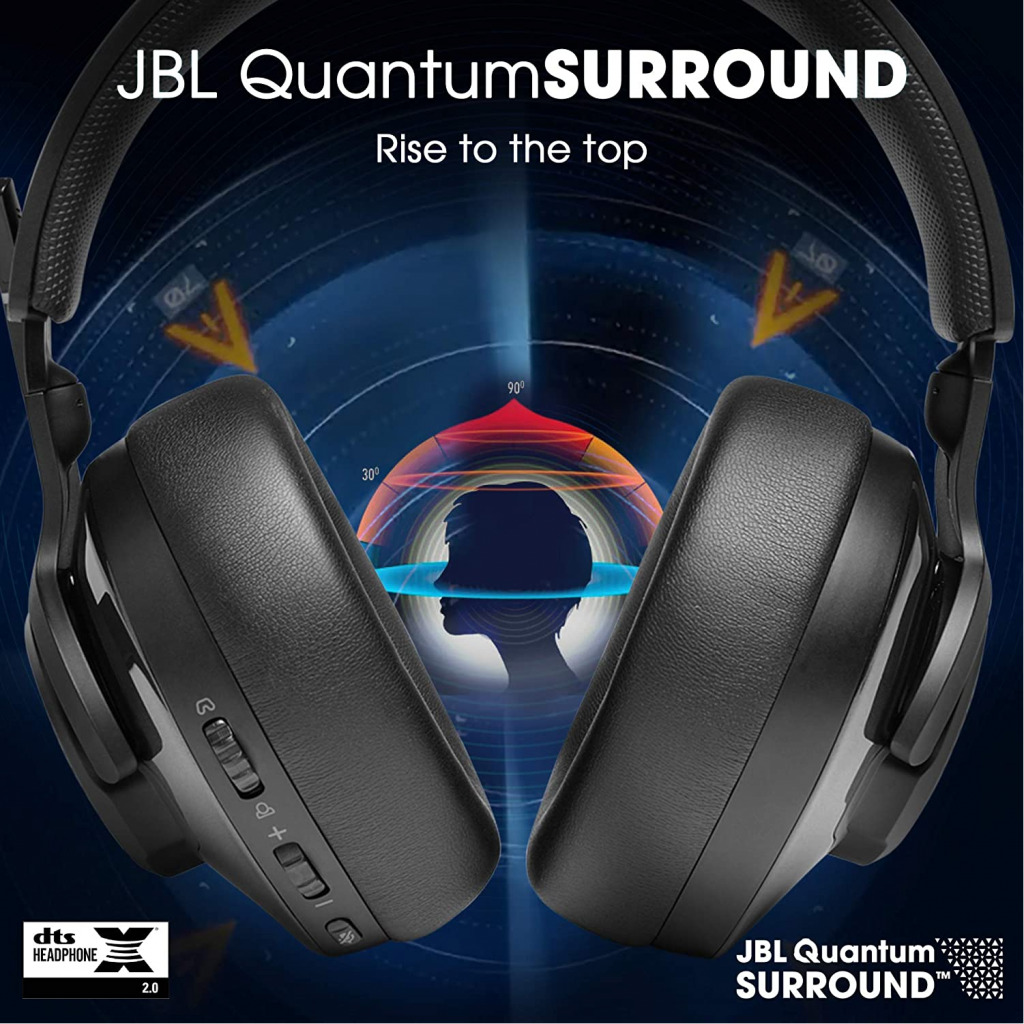 JBL Quantum 400 Gaming Headphones, Wired Over Ear Gaming Headphones with Flip-up Boom Mic, JBL Quantum Surround Sound, 3.5mm to USB Type-A Adapter - Black