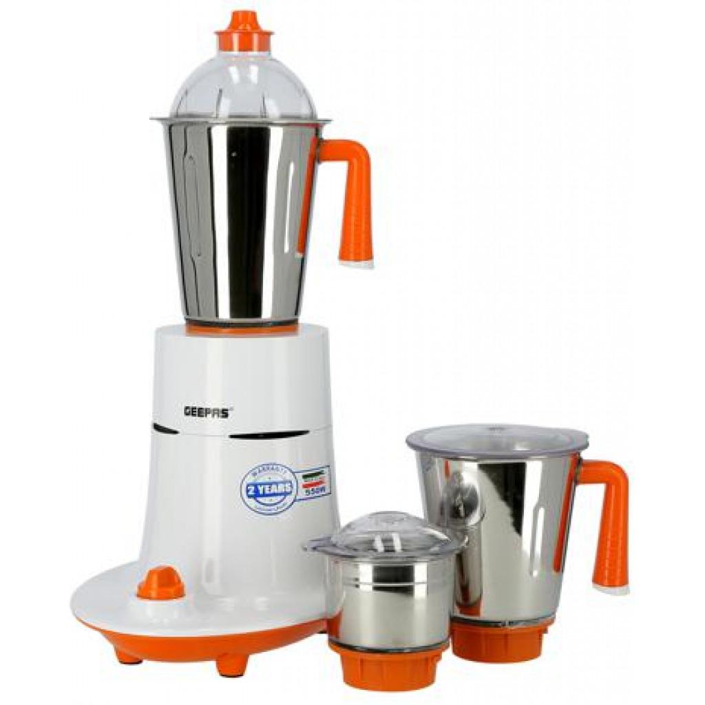 Geepas GSB5080 550W 3-in-1 Mixer Grinder - Stainless Steel Jars & Blades - 3 Speed, Safety Twist Lock - Perfect for Dry & Wet Fine Grinding | 2 Years Warranty