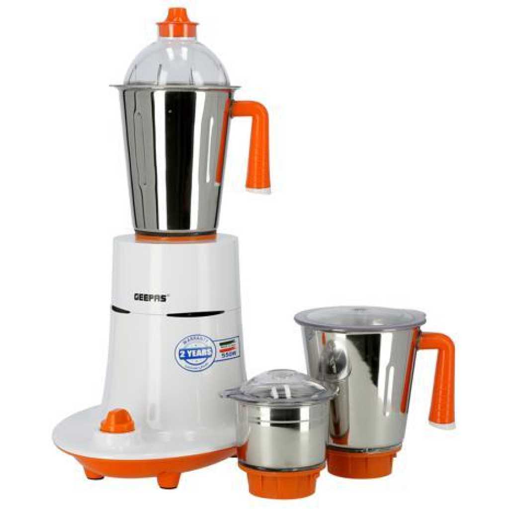 Geepas GSB5080 550W 3-in-1 Mixer Grinder - Stainless Steel Jars & Blades - 3 Speed, Safety Twist Lock - Perfect for Dry & Wet Fine Grinding | 2 Years Warranty