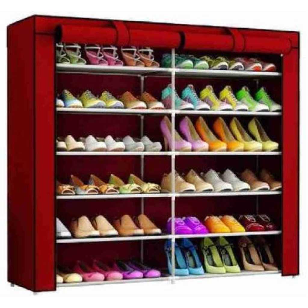 12 Layer Foldable Collapsible Shoe Rack Storage Organizer, 36 Pairs Portable Double Row Shoe Rack Shelf Cabinet For Closet- Red