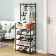 Multi-functional Hat Coat Stand With 5 Tier Shoe Rack Storage Clothes Rack & 8 Hooks Organizer- Black.