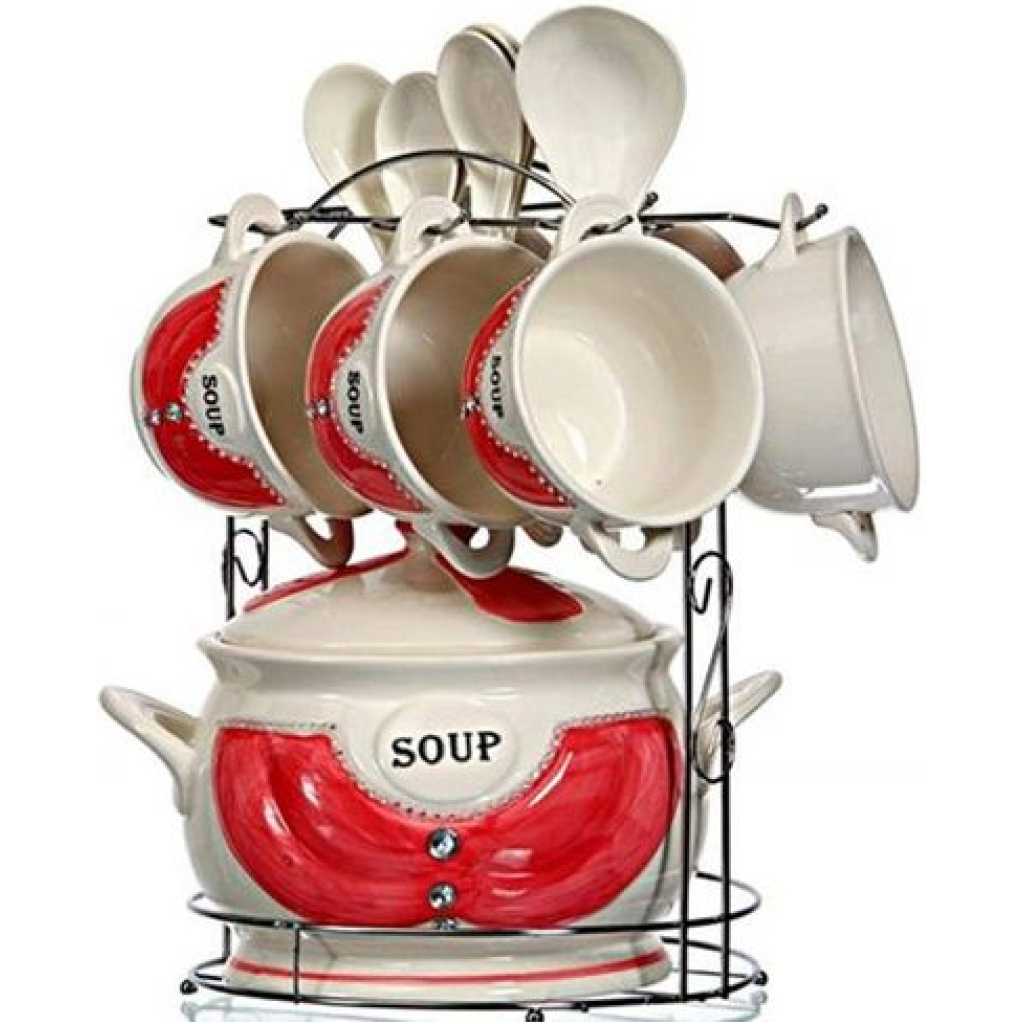 15-Piece Ceramic soup Bowls ,Cups, Spoon Set On Stand- Multi-color.