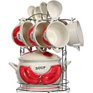 15-Piece Ceramic soup Bowls Cups Spoond Set On Stand- Multi-color.
