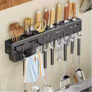 Wall Mount Knife Holder Towel Hanger Spatula Ladle Hanging Hooks Cutlery Holder Storage Rack- Black